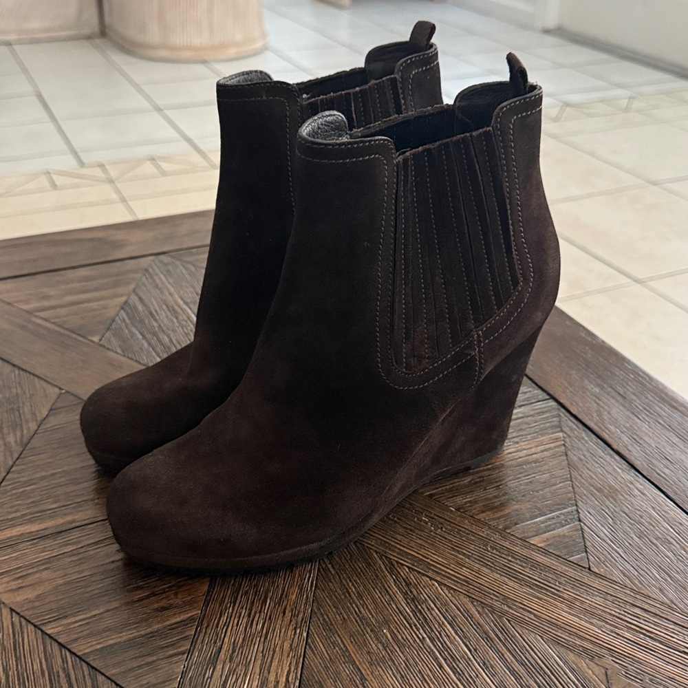 Prada Women’s Chocolate Brown Suede Wedge Ankle Booties Size 39.5 | Authentic